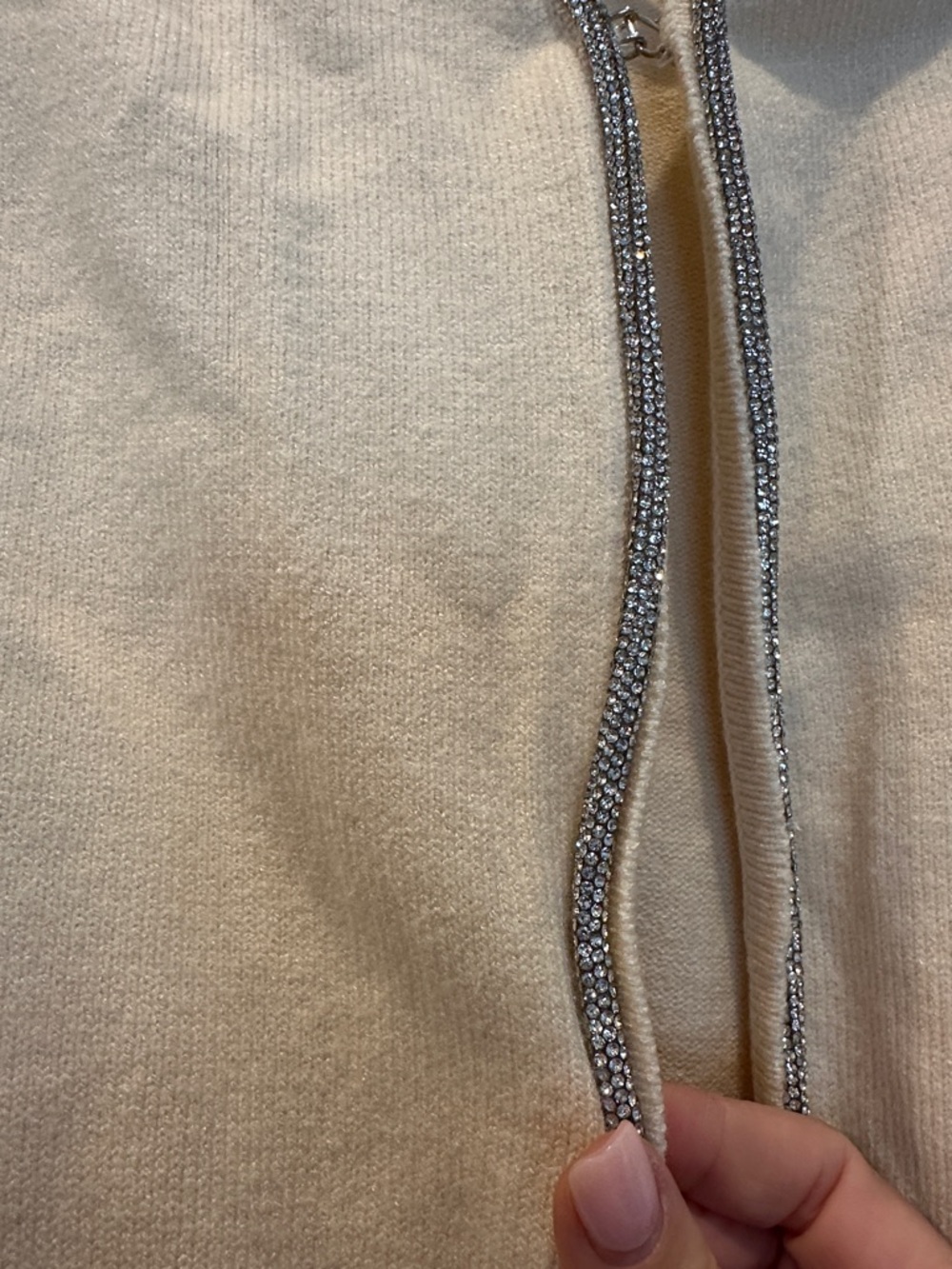 Central Park West Cream Cropped Zip Cardigan with Rhinestone Trim - Picture 2 of 5